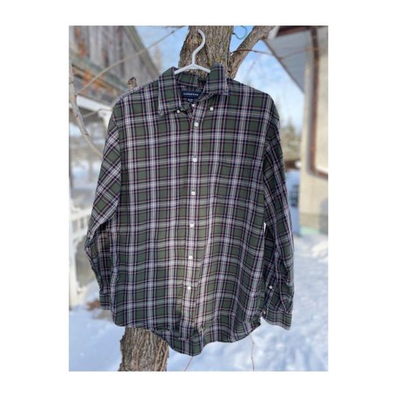 Lands' End Green Cotton Flannel Plaid Shirt Button Down Sz 16-34 - Picture 1 of 4